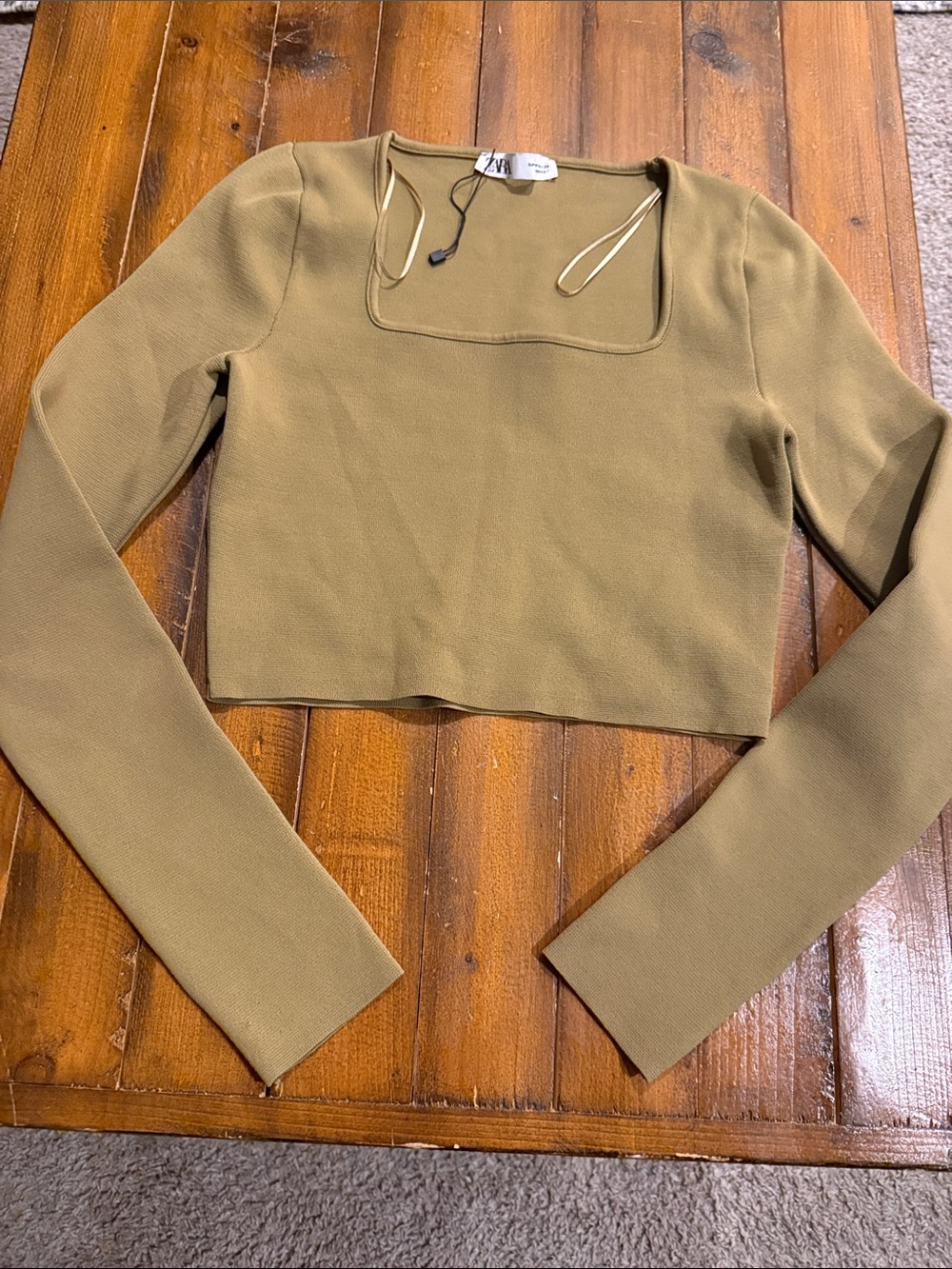 Zara Olive Square Neck Long-Sleeve Crop Top